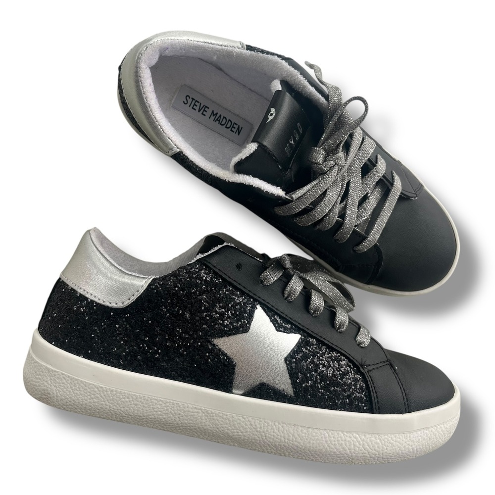 Steve Madden Women Sz 7M Starling Black Glitter Star Fashion Sneakers Shoes 2373